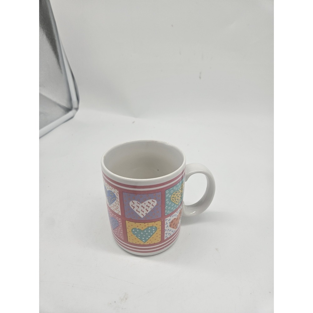 Heart Mug Coffee Tea Cup Patchwork Quilt Valentine Pink White Blue Ceramic